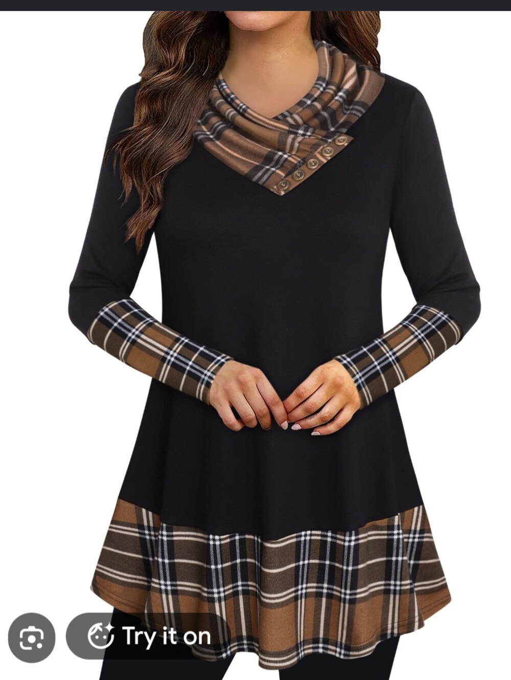 Gaharu Black & Plaid Button Cowl Neck Long Sleeve Tunic Top Size L